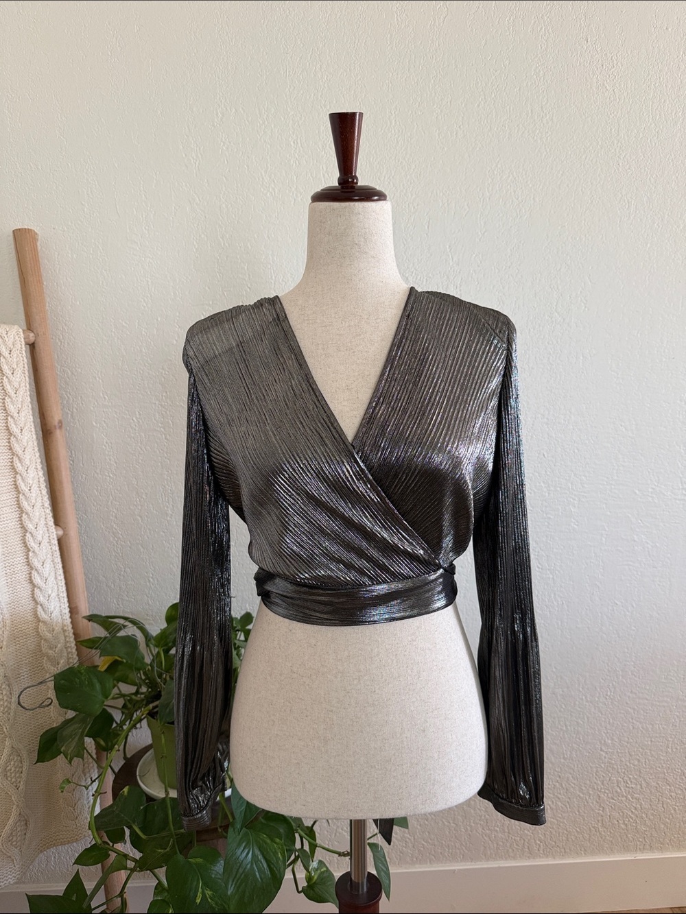 Lucy Paris Metallic Black Wrap Long-Sleeve Crop Top